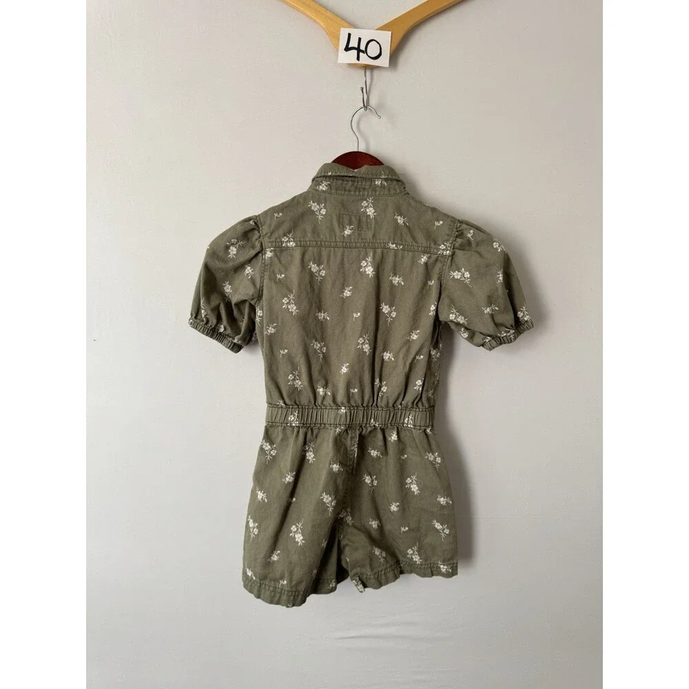 Old Navy Girls M Green/White Floral Woven Cotton Romper Collared Pockets